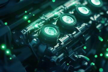 Fototapeta premium Close-up of a high-tech engine component illuminated with green lights, showcasing advanced mechanics and modern technology.