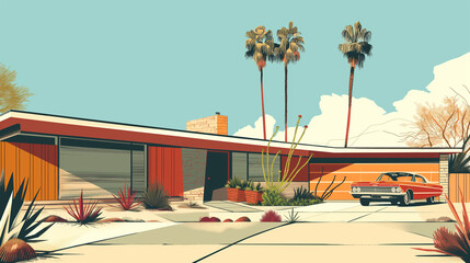 Desert midcentury modern home with car
