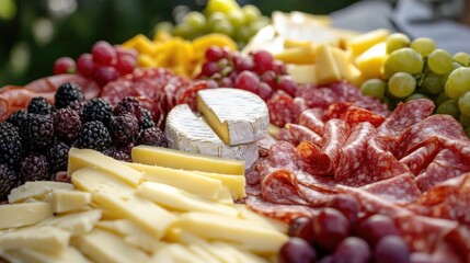 Close-up of a charcuterie board with cheeses, meats, and fruits, representing gourmet snacking and fine dining