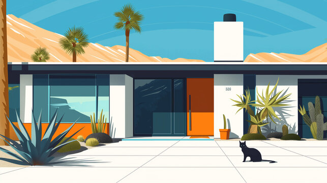 Midcentury home with black cat