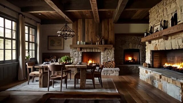 Imagine a rustic dining room with reclaimed wood furniture, exposed beams, and a roaring fireplace.