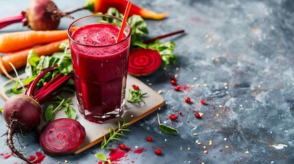 Fresh beetroot juice in a glass and fresh beetroots on a concrete background