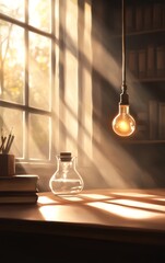 A serene study scene with soft light illuminating a workspace, featuring a light bulb, glass jar, and books.