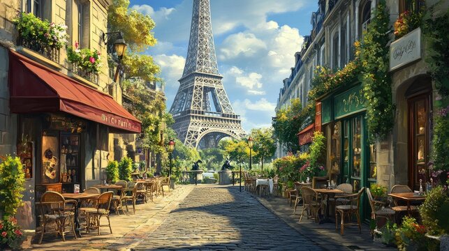 Fototapeta The Eiffel Tower as seen from a quaint Parisian street, with charming cafes and cobblestone sidewalks