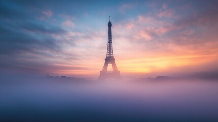 The Eiffel Tower partially hidden by morning fog, creating a mysterious and ethereal atmosphere