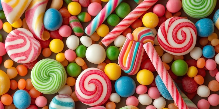 A bright collection of lollipops, candy canes, and various colorful candies scattered together closely.