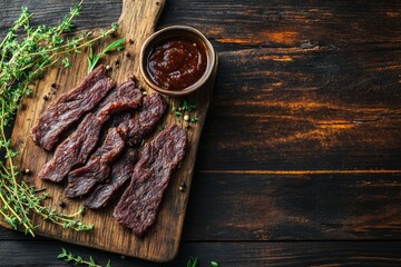 Fototapeta premium Beef jerky with dipping sauce and herbs