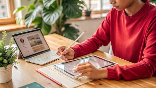 Young professional designing a website with a stylus on a tablet, creative digital design process, modern workspace.