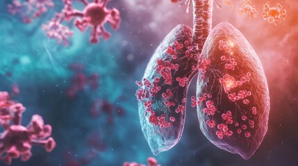 Fototapeta premium Eosinophils in an inflamed lung tissue, representing their role in asthma and respiratory allergies