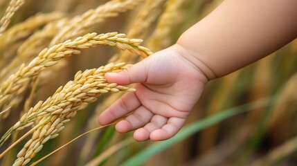 A child hand gently touching an ear of rice, symbolizing the connection between generations and the importance of agriculture