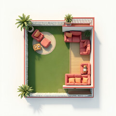 A minimalist floor plan stretches out before you, capturing the essence of a cozy living room with plush couchs and plush red couches. The plan features a bold green lawn with a red trim and a white p