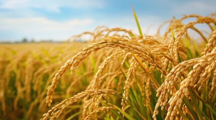 A vast field of ripe rice ears, stretching out towards the horizon, representing the bounty of the earth