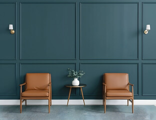 Dark Teal Wall Paneling with Vintage Leather Chairs | Elegant Interior Decor with Rich, Classic Style
