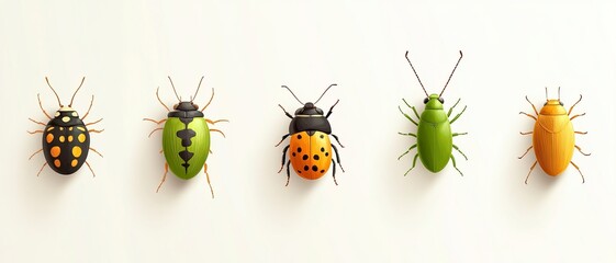Colorful collection of insects featuring distinct patterns and vibrant hues, showcasing nature's diversity in a minimalist style.
