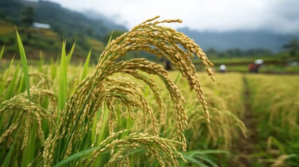 Close-up of rice ears ready for harvest, with a distant view of farmers working in the field, capturing the essence of the rural landscape