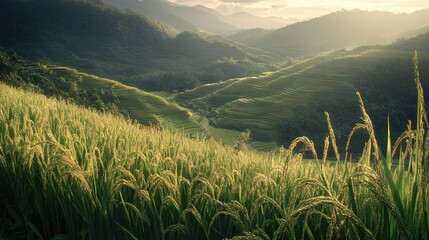 Ears of rice bathed in soft evening light, with a distant view of rice terraces descending into a valley