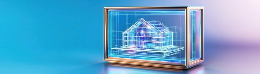 Fototapeta premium Thin metallic frame, holographic blueprint of a futuristic building inside, minimalist style, soft blue tones