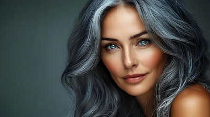 Fototapeta premium Close-up portrait of a beautiful woman with long gray hair looking at the camera.