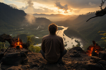 A person enjoying a moment of stillness at the edge of a cliff, the vast view inspiring deep thoughts. Concept of natural contemplation and inner peace. Generative Ai.