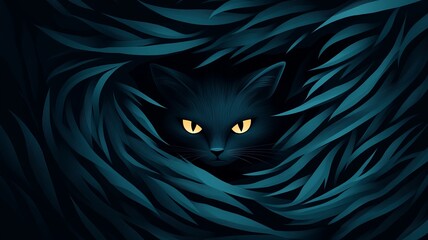 A mysterious black cat with glowing eyes hidden among dark, lush foliage, evoking a sense of intrigue and enchantment.