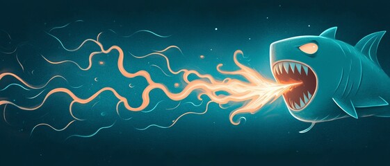 An imaginative digital illustration of a fierce shark breathing fire, set against a mystical underwater backdrop.