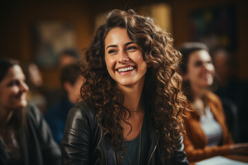 A teacher with shiny, black hair engaging their students in a lively classroom discussion. Concept of education and passion. Generative Ai.