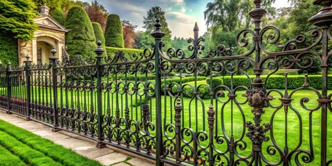 Old, ornate wrought iron fence with intricate scrollwork surrounds a lush green lawn and garden, creating a charming and elegant outdoor atmosphere.
