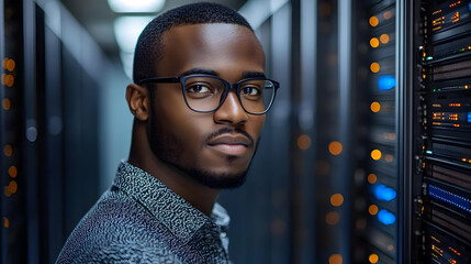 Close-up portrait of a man in glasses standing in front of a server rack.