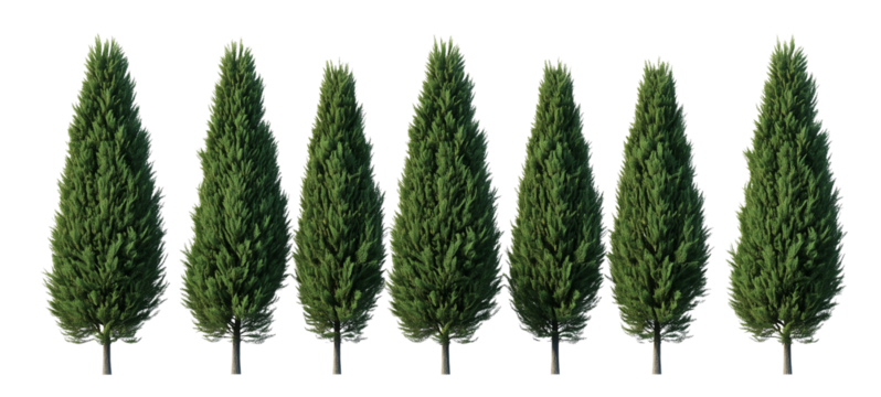 Thin green cypress trees lined up in a row against an isolated, transparent background, each with slightly varying shapes and densities of foliage