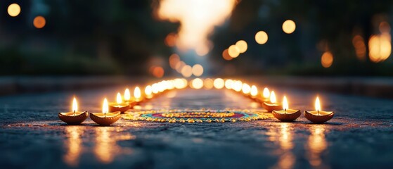 A serene pathway illuminated by vibrant oil lamps at dusk, creating a warm and inviting atmosphere for celebration.
