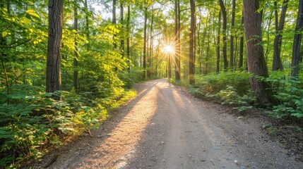 Fototapeta premium Sunbeams Through the Trees on a Forest Path
