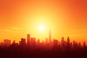 A breathtaking skyline at sunset, with vibrant orange hues illuminating the city's silhouette against the tranquil sky.