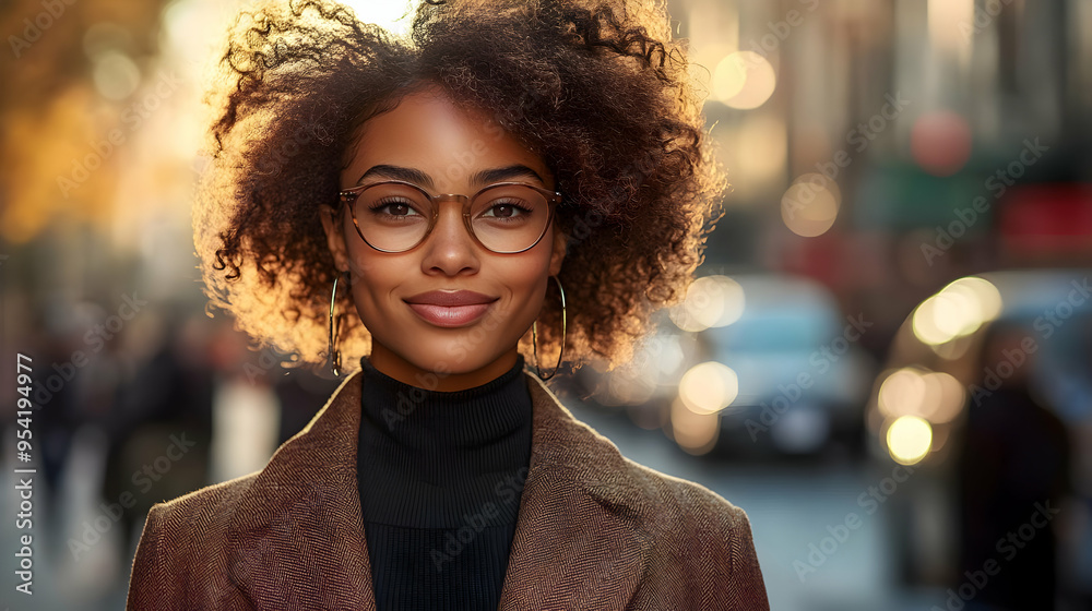 Poster Close-up portrait of a smiling woman with curly hair, wearing glasses and a brown jacket.