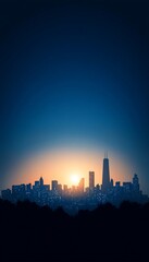 Stunning silhouette of a city skyline at sunset, creating a serene atmosphere with a blend of colors and urban beauty.