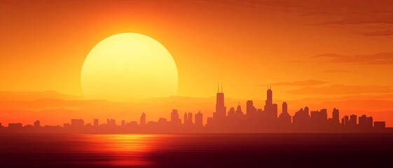 Stunning sunset over a city skyline, casting golden reflections on water, ideal for conveying beauty and tranquility.