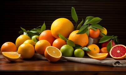 Citrus fruits on wooden background. Lemons, limes and oranges