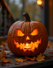 Glowing Jack-o'-lantern on a wooden porch surrounded by autumn leaves during Halloween night