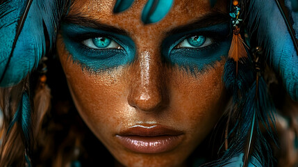 Close-up portrait of a woman with blue eyeshadow and feathers in her hair.