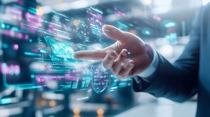 Fototapeta premium Hand Interacting with Holographic Interface Futuristic Technology