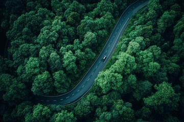 Aerial top view road in forest with car motion blur. Winding road through the forest. Car drive on the road between green forest. Ecosystem ecology healthy environment road trip , ai