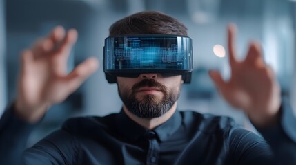 Man Experiencing Virtual Reality with Futuristic Headset
