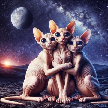 Three alien sphynx cats hugging, standing on a planet in outer starry space, joint photo, mountains behind the cats, sunlight, Generative AI