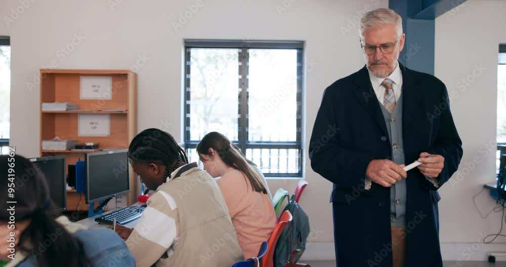 Aufkleber education, exam and professor in classroom with students for assessment or learning at university. c