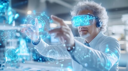 Man in VR Headset Interacting with Hologram