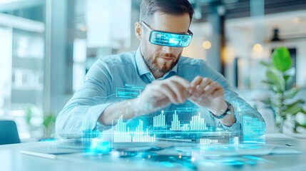Man Using Futuristic AR Glasses for Business Data Analysis