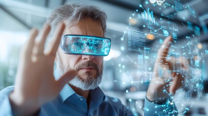 Man Using VR Headset for Business Data Analysis