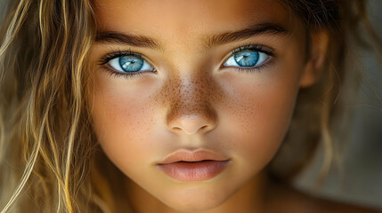 Fototapeta premium Close-up portrait of a young girl with blue eyes and freckles.