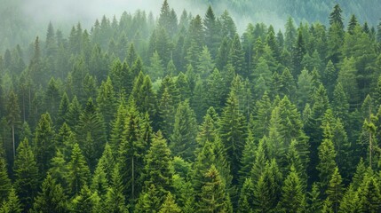 Fototapeta premium Dense Evergreen Forest with Mist
