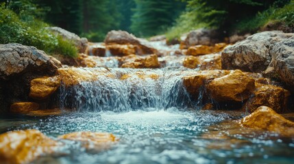 A small waterfall cascades over smooth, golden rocks in a clear, flowing stream. The water is crystal clear and the surrounding forest is lush and green.