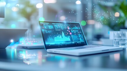Modern Laptop with Data Analytics and Futuristic Cityscape